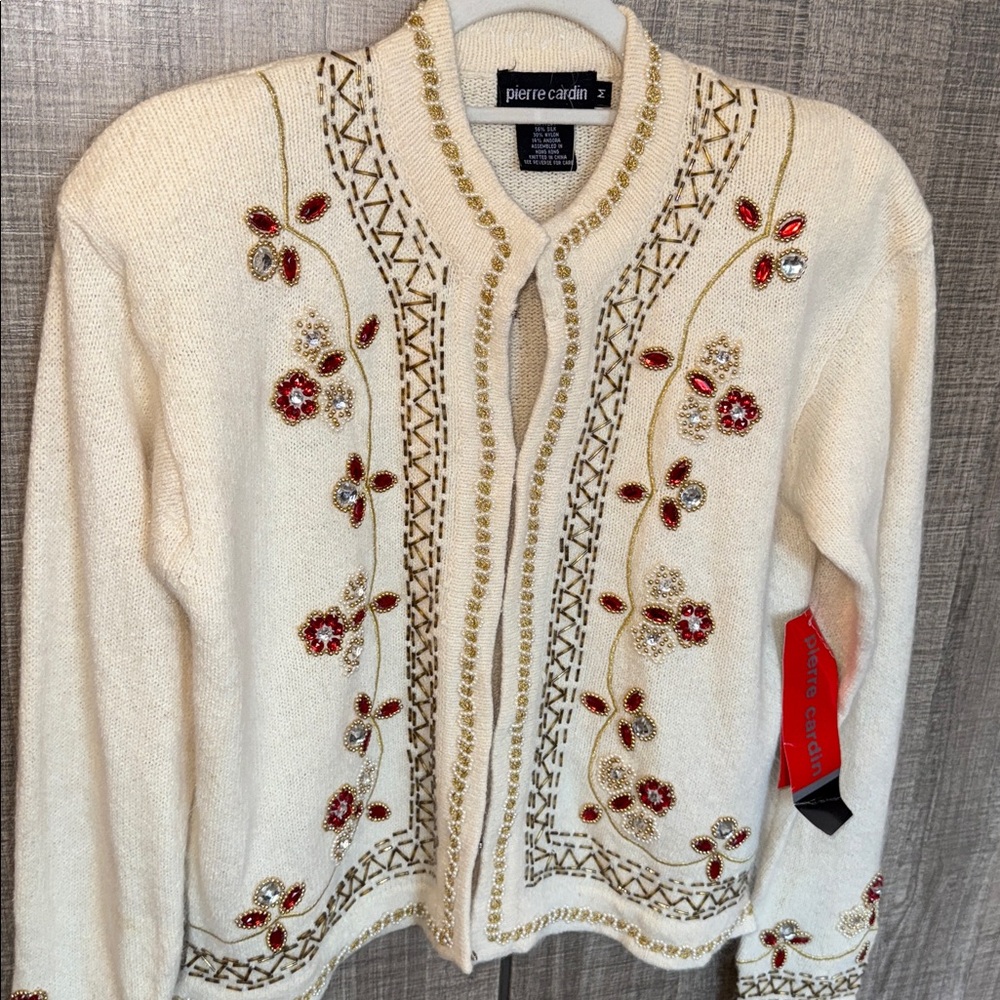 Pierre Cardin Silk And Angora Blend Embroidered Cream‎ Cardigan - Picture 4 of 17